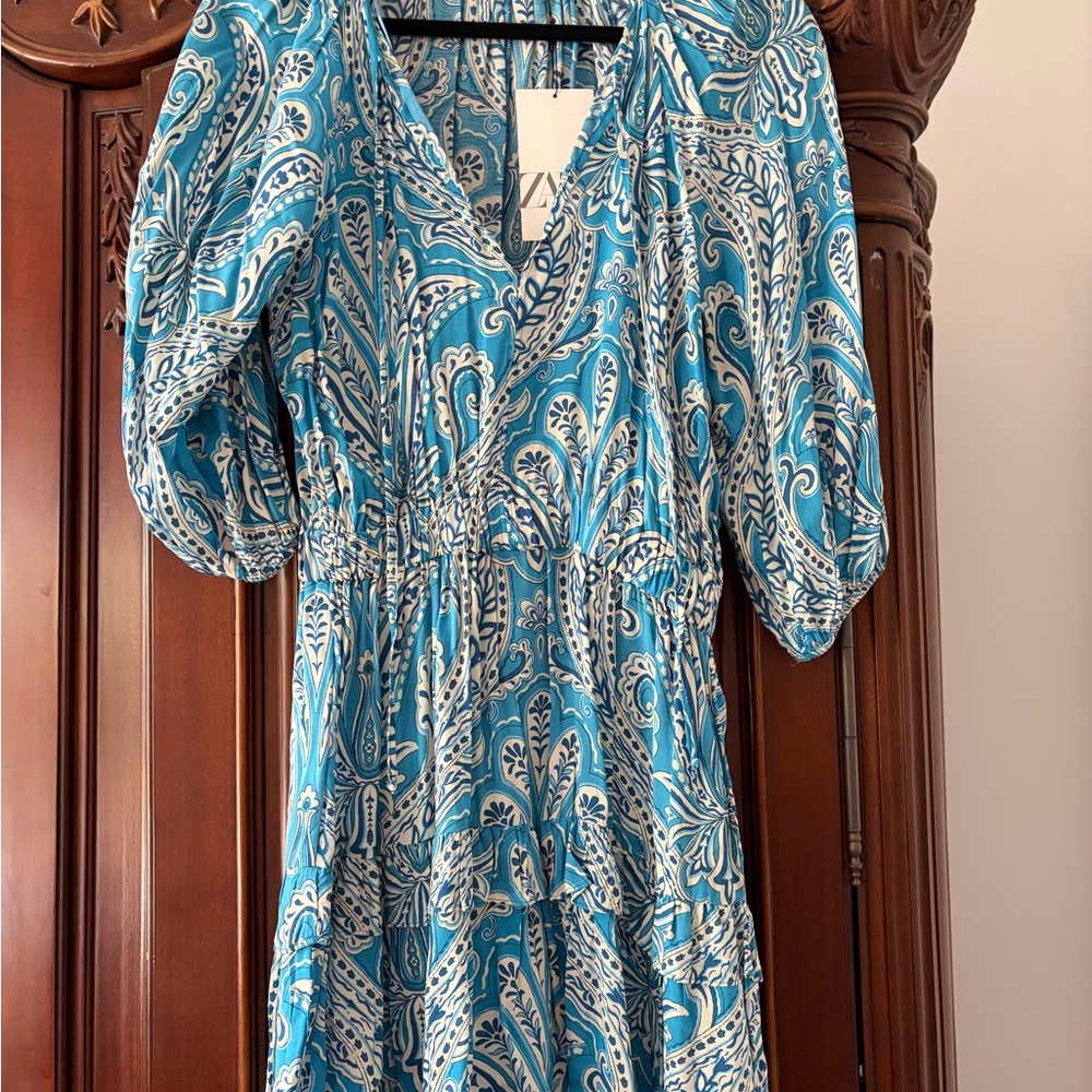 Zara Teal and White Long Sleeve Dress
